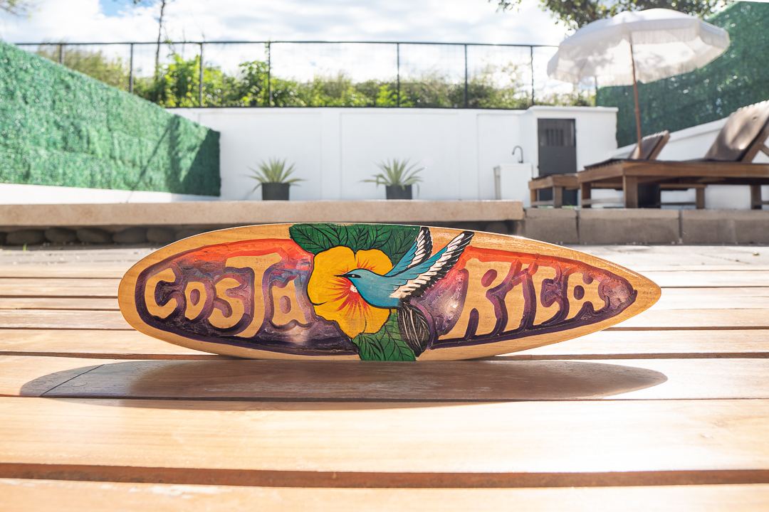 Hand-painted Costa Rica surfboard detail at Cacique Retreat, Guanacaste